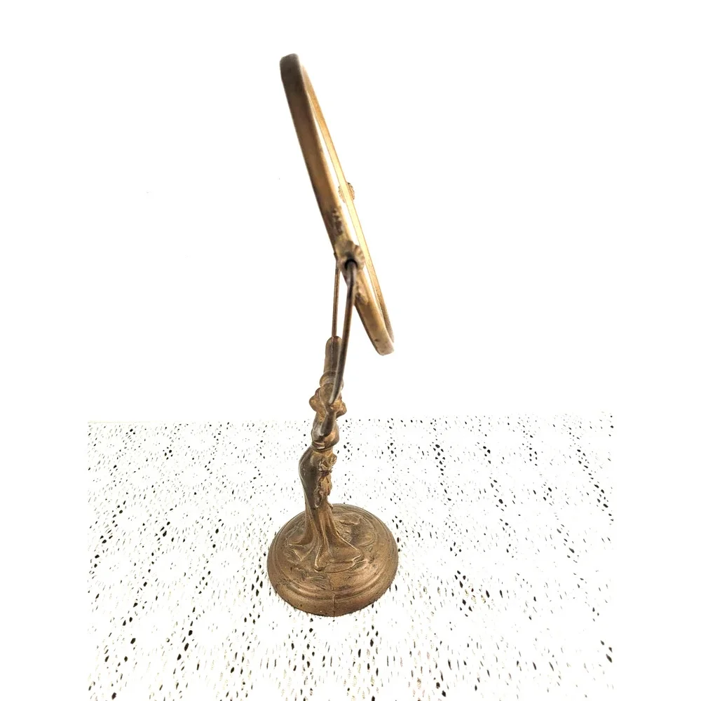 Antique 1910s Art Nouveau Woman Cast Iron or Bronze Vanity Lady Holding Mirror
